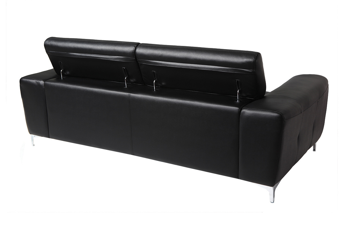Canap� design avec t�ti�res ajustables 3 places en cuir noir et acier chrom� NEVADA