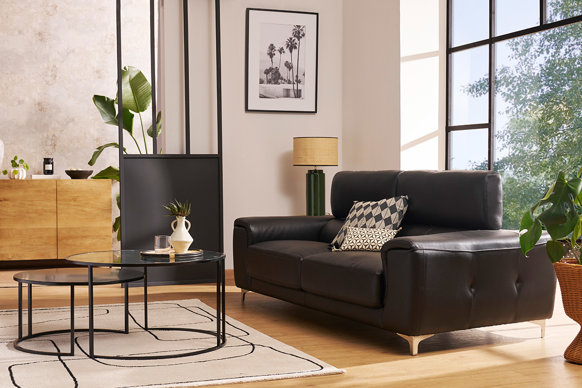 Canap� design avec t�ti�res ajustables 3 places en cuir noir et acier chrom� NEVADA