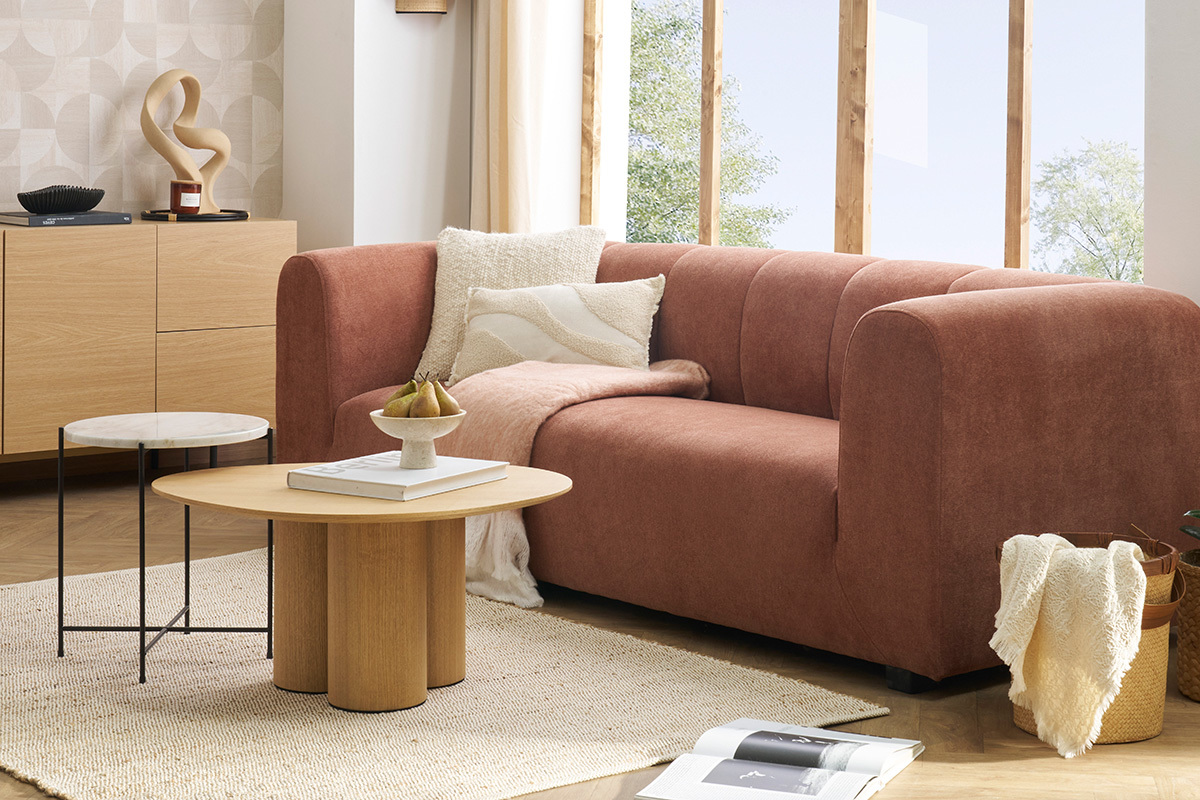 Canap� design en tissu effet velours terre br�l�e 3-4 places OLIVEIRO