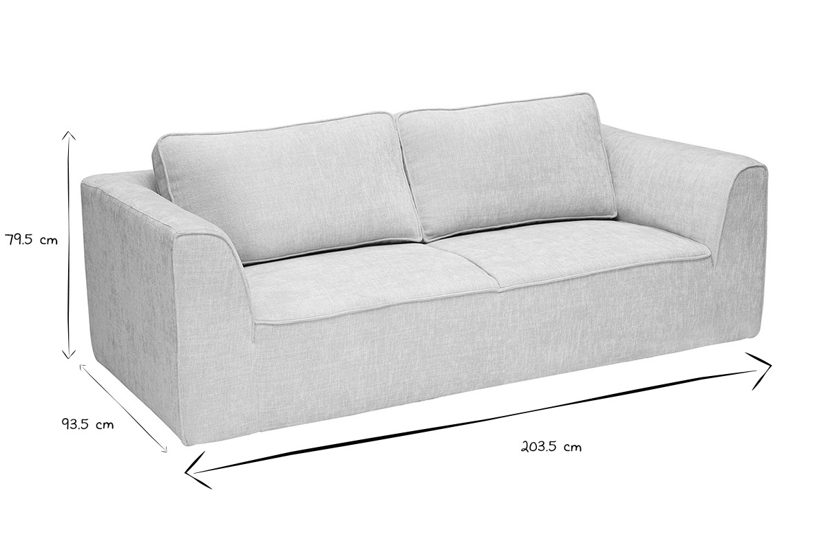 Dimensions du canap� design en tissu effet velours beige : 203.5 cm de large, 93.5 cm de profondeur, 79.5 cm de hauteur.
