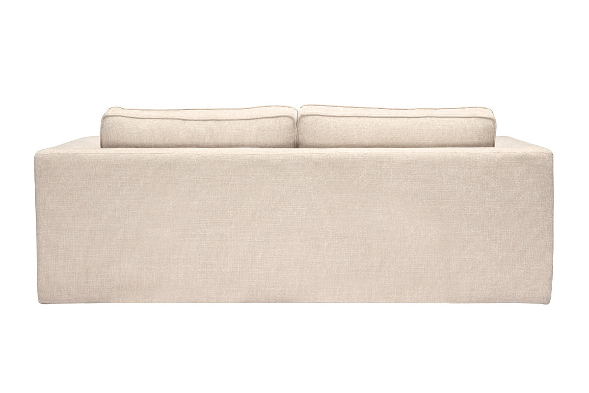 Canap� design en tissu effet velours textur� beige, vue arri�re, 3 places, style contemporain.