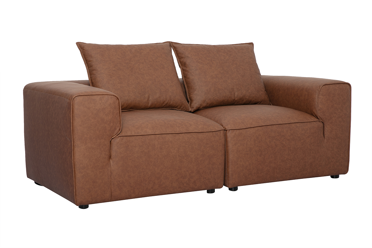 Canap� modulable 2 places en cuir marron, vue de trois-quarts, avec coussins d'assise.