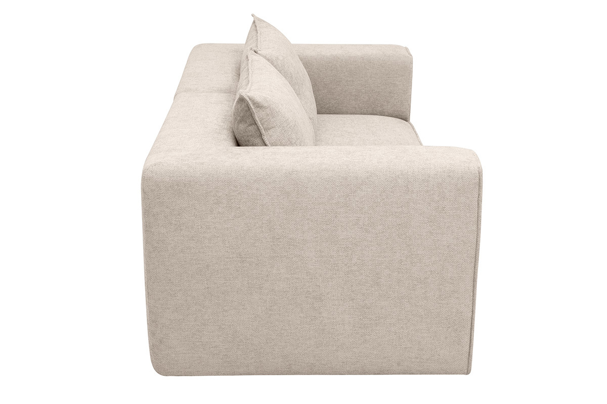 Canap� modulable 2 places beige vue de profil avec coussins moelleux.