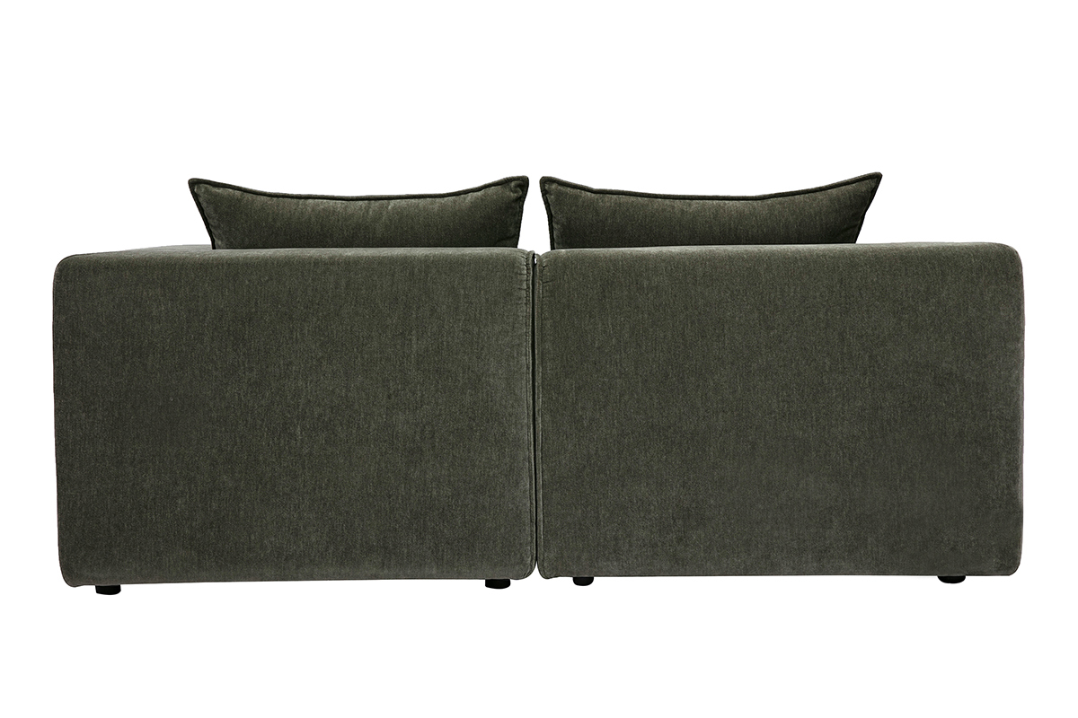 Canap� modulable 2 places en tissu effet velours vert kaki, vue de dos.