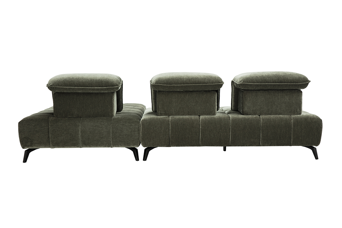 Canap� modulable 4 places en tissu vert kaki, vue de dos.