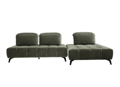 Canap&eacute; modulable 4 places avec t&ecirc;ti&egrave;res ajustables en tissu effet velours vert kaki et m&eacute;tal noir OLMO