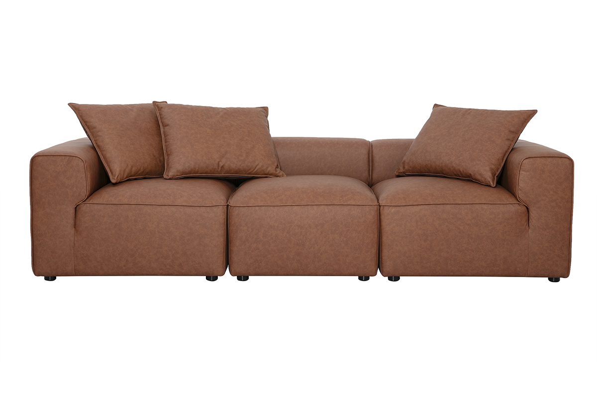 Canap� modulable 4 places en cuir marron FERGUS, vue de face avec coussins.