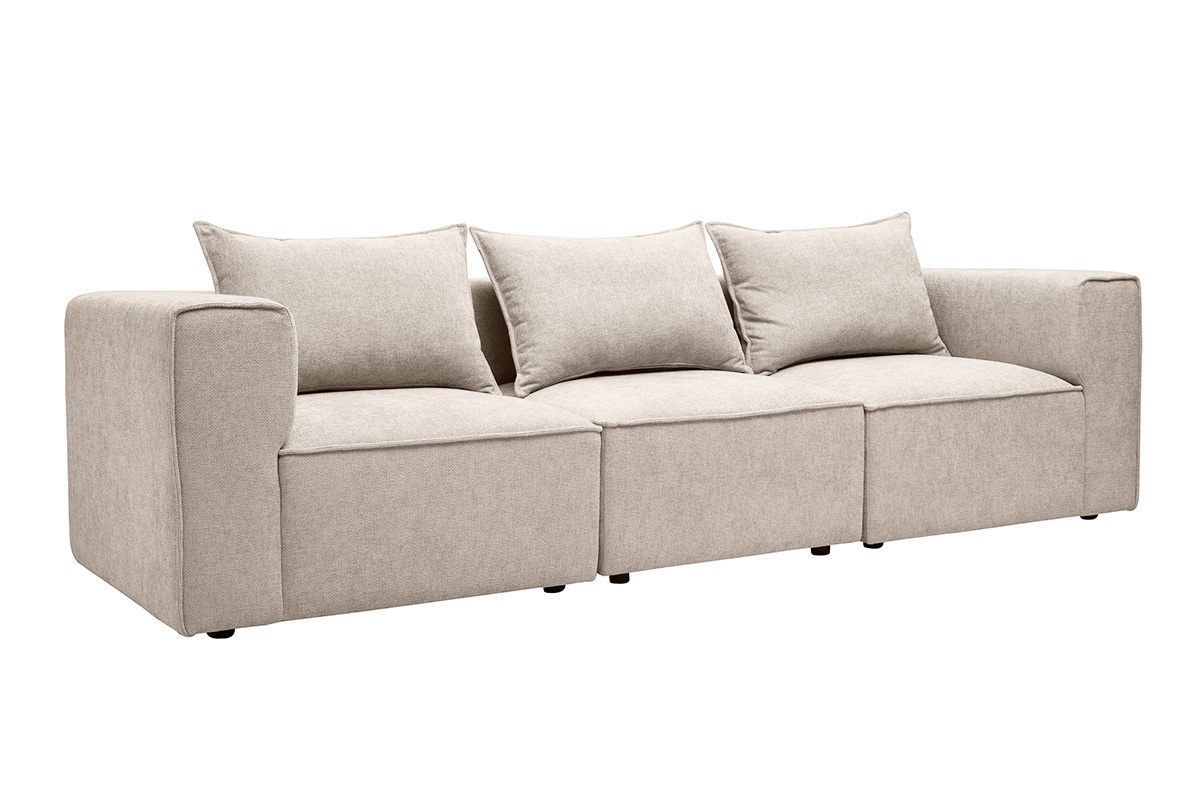 Canap� modulable 4 places en tissu effet velours textur� beige, vue de 3/4 avec coussins