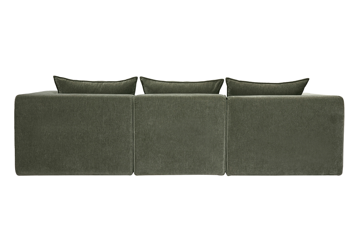 Canap� modulable 4 places en tissu effet velours vert kaki, vue de dos