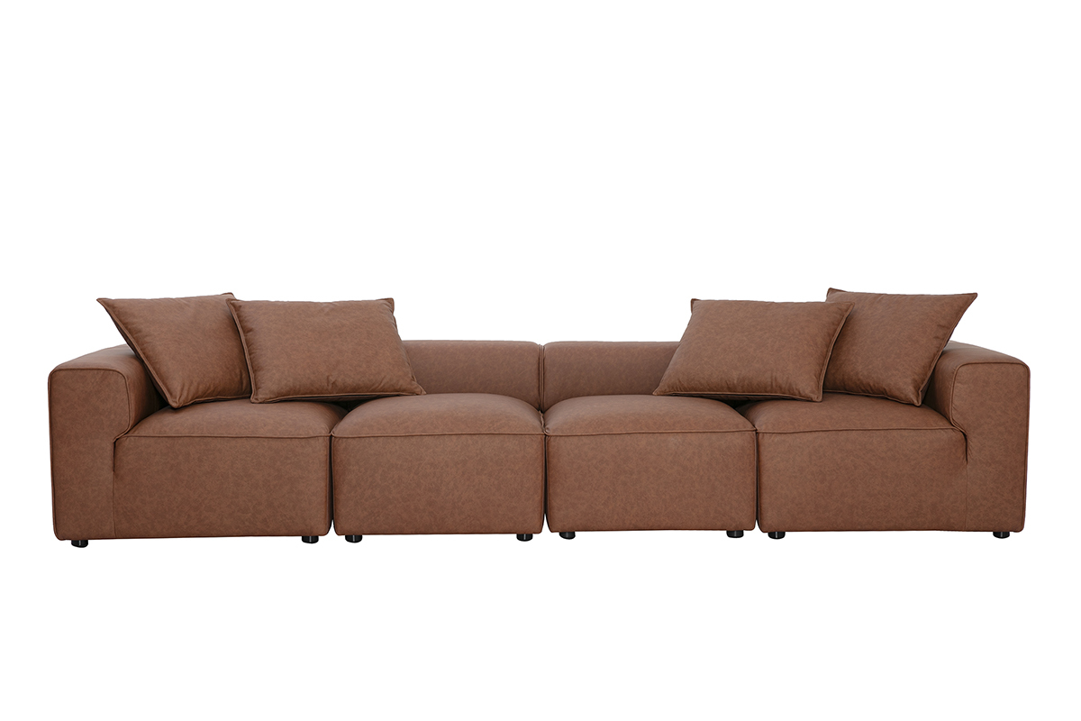 Canap� modulable 5 places en cuir marron FERGUS, vue de face avec coussins d�coratifs