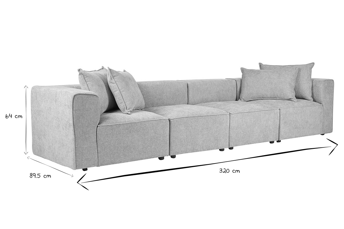 Canap� modulable 5 places en tissu beige avec dimensions en noir et blanc : 320 cm x 89.5 cm x 64 cm