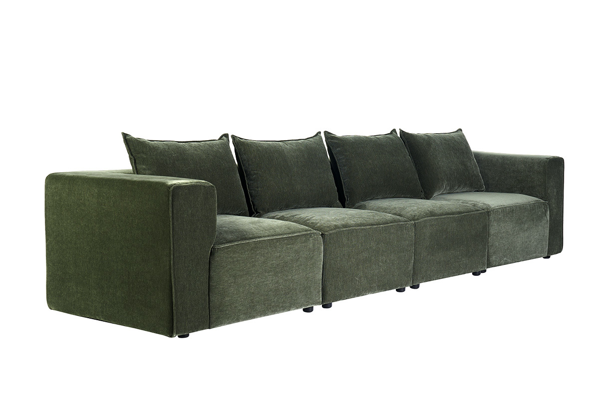 Canap� modulable 5 places en tissu effet velours vert kaki, vue de 3/4.