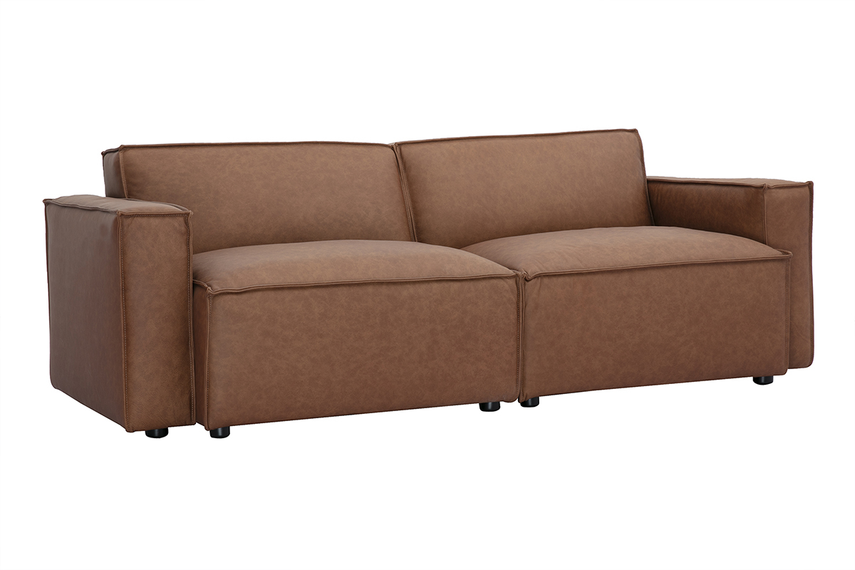 Canap� modulable 2 places en cuir marron, style vintage SPLIT. Vue de 3/4.