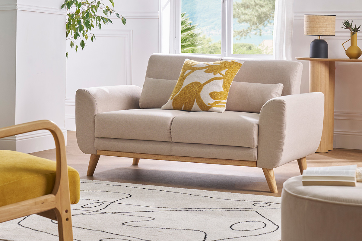 Canap� scandinave 2 places en tissu beige et bois clair EKTOR