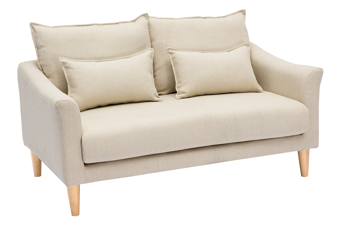Canap� scandinave 2 places en tissu beige avec pieds en bois clair, vue de 3/4, coussins inclus.
