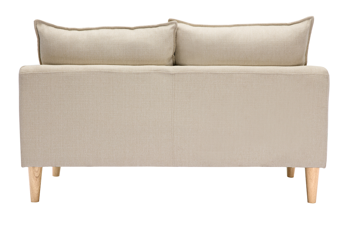 Canap� scandinave 2 places en tissu beige, vue arri�re avec coussins.