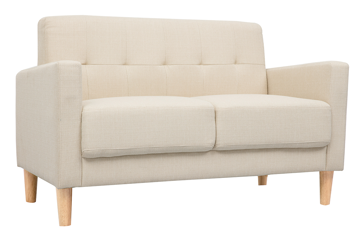 Canap� scandinave 2 places en tissu beige avec pi�tement en bois clair, vue de 3/4.