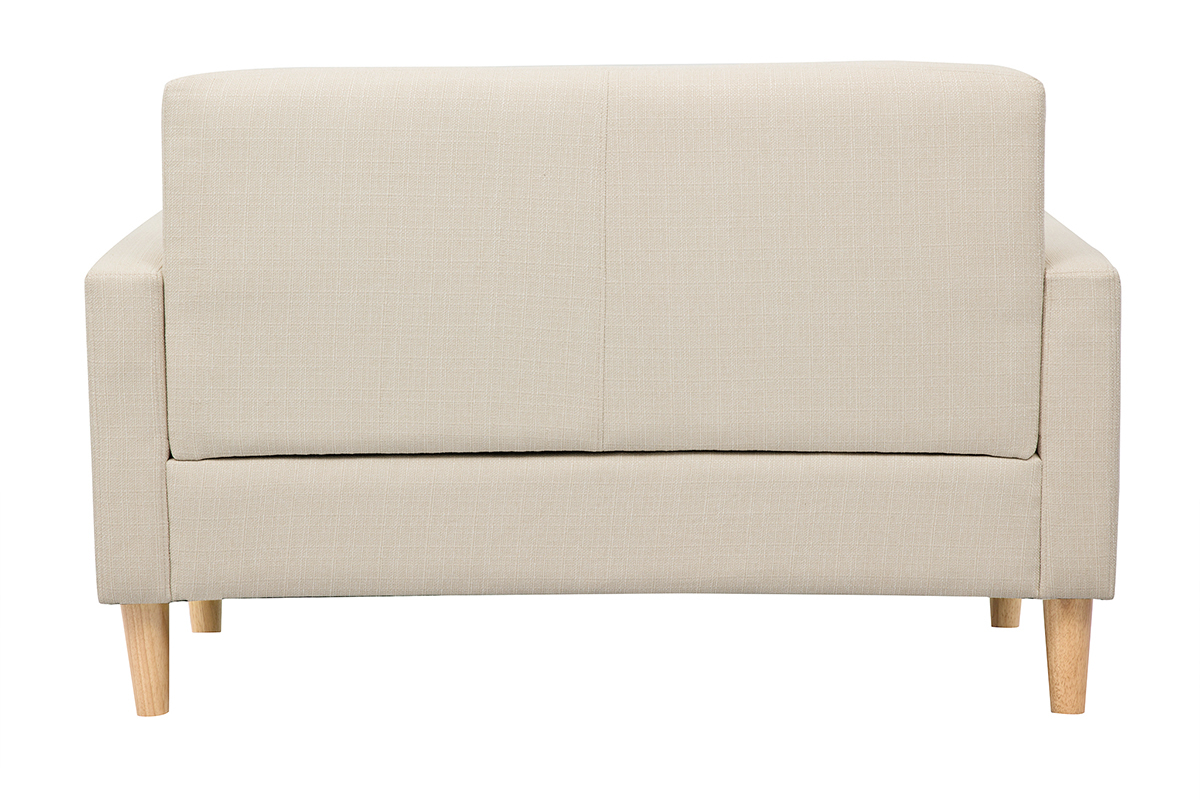 Canap� scandinave 2 places en tissu beige, vue de dos avec pi�tement en bois clair.