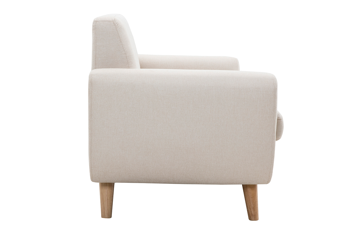 Canap� scandinave 2 places beige, vue de profil, pieds en bois clair.