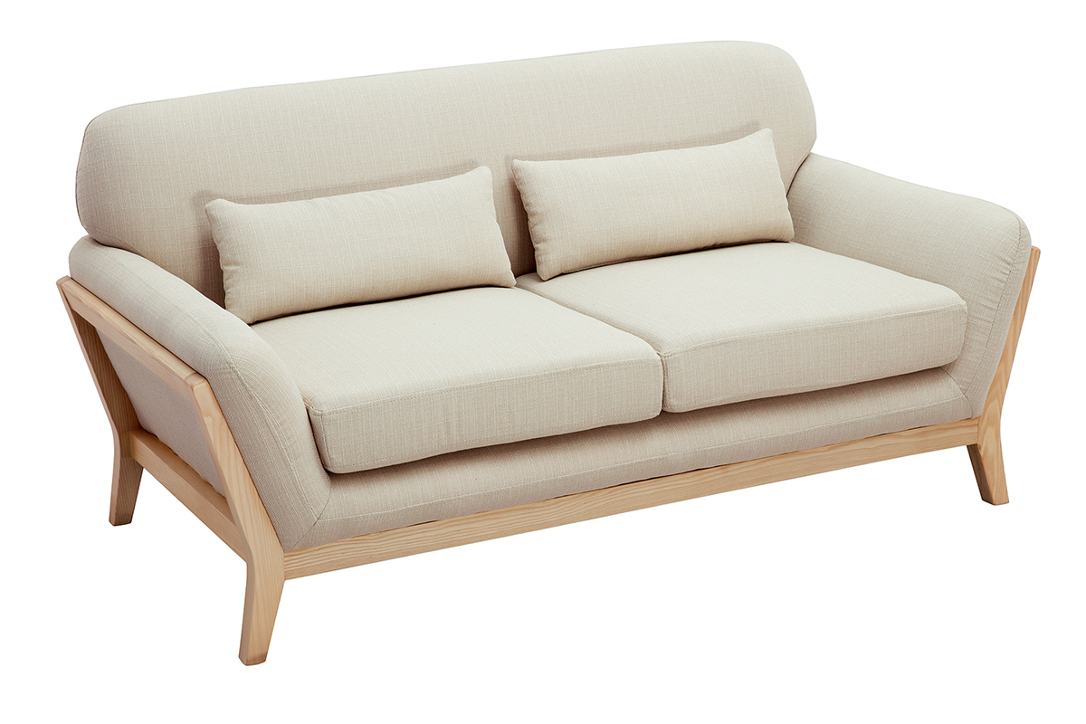 Canap� scandinave 2 places en tissu beige et bois clair YOKO