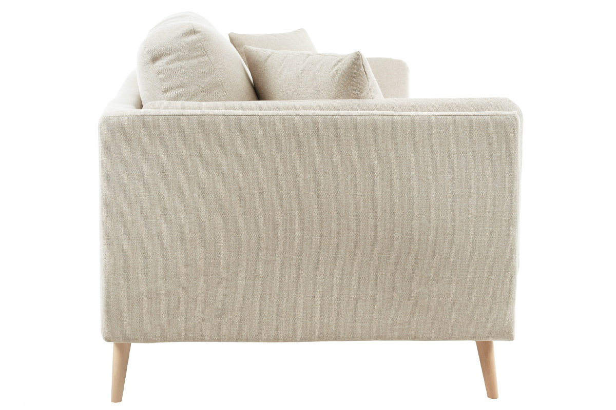 Canap� scandinave 2 places beige naturel, vue de dos, avec coussins et pieds en bois clair.