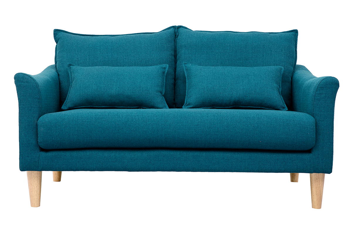 Canap� scandinave 2 places en tissu bleu canard et bois clair KATE