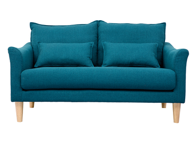 Canap&eacute; scandinave 2 places en tissu bleu canard et bois clair KATE