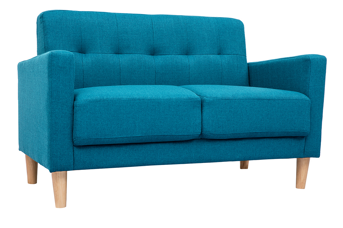 Canap� scandinave 2 places bleu canard, pieds en bois clair, vue de 3/4.