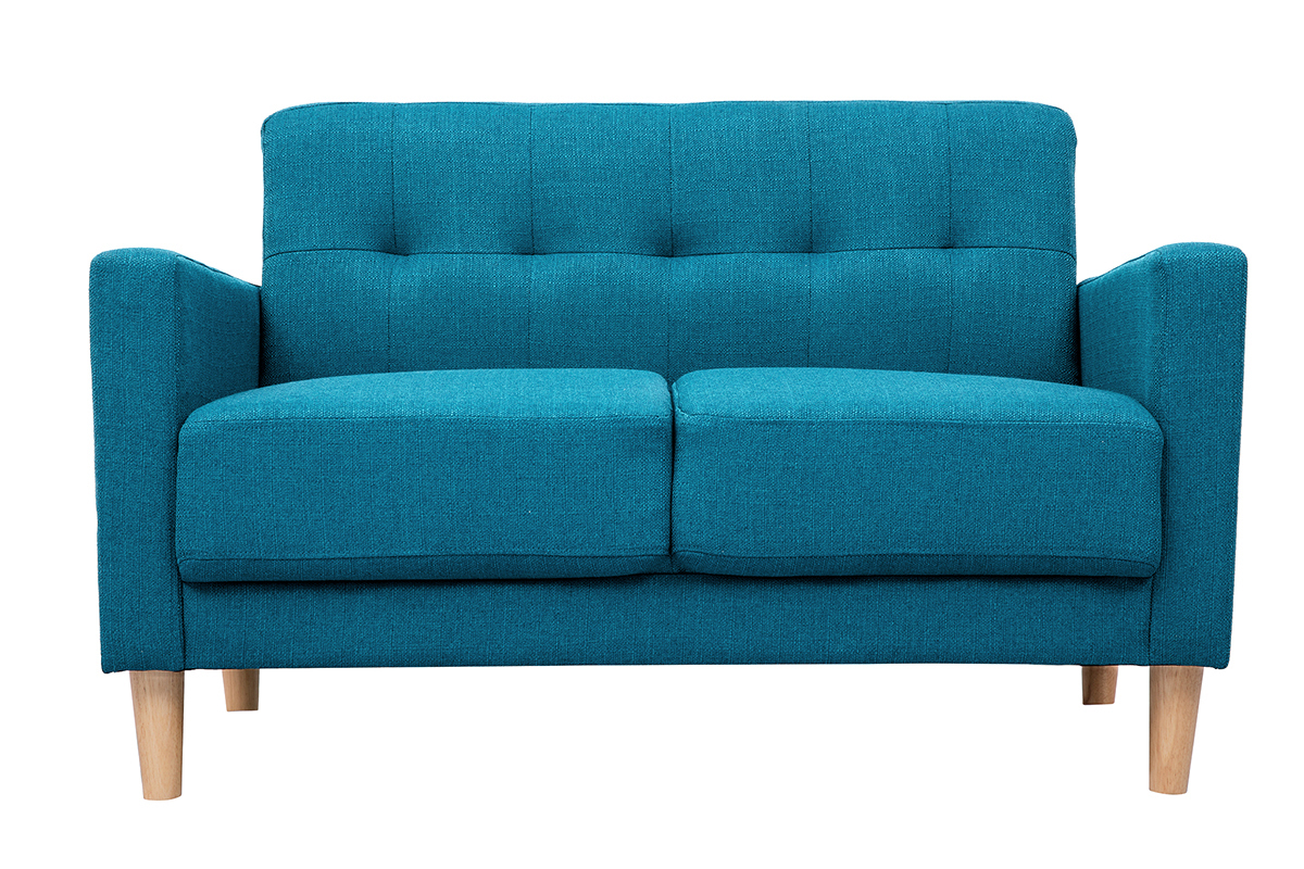 Canap� 2 places tissu bleu, dossier capitonn�, pieds bois clair, vue de face.
