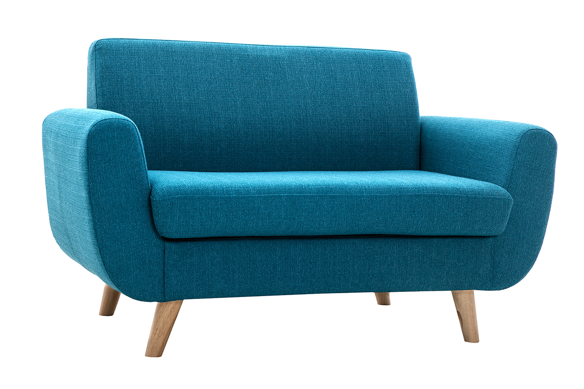 Canap� scandinave 2 places en tissu bleu canard et bois clair PURE