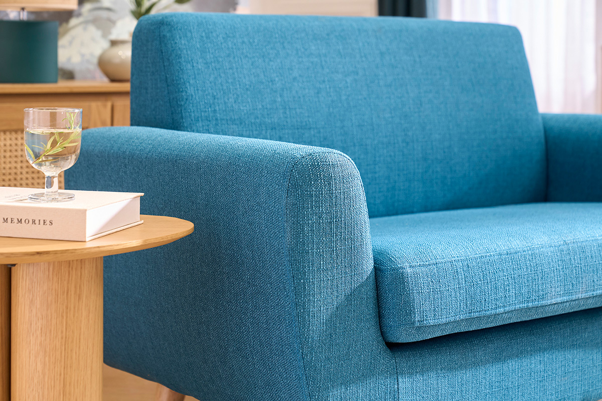 Canap� scandinave 2 places en tissu bleu canard et bois clair PURE