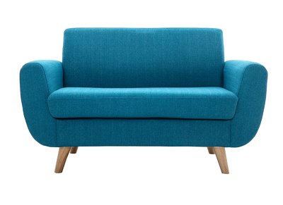 Canap&eacute; scandinave 2 places en tissu bleu canard et bois clair PURE