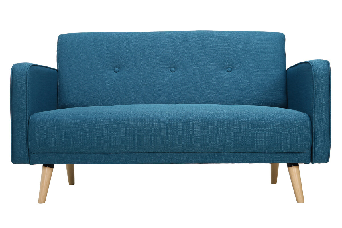 Canap� scandinave 2 places en tissu bleu canard et bois clair ULLA