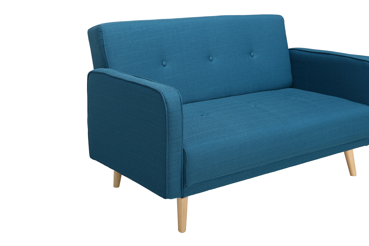 Canap� scandinave 2 places en tissu bleu canard et bois clair ULLA