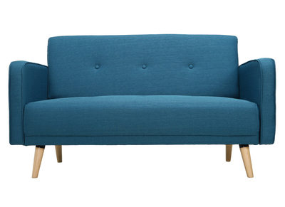 Canap&eacute; scandinave 2 places en tissu bleu canard et bois clair ULLA