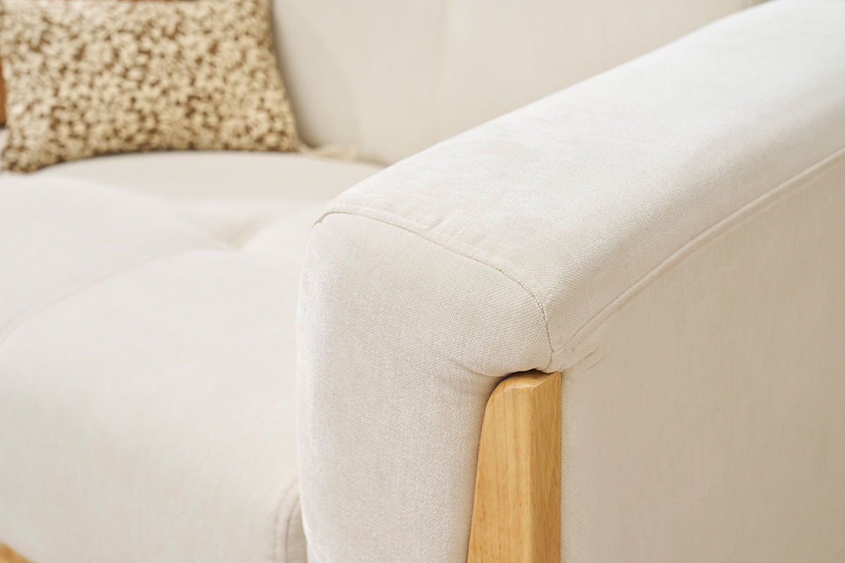 Canap� scandinave 2 places en tissu effet velours blanc cass� et bois clair FJORD