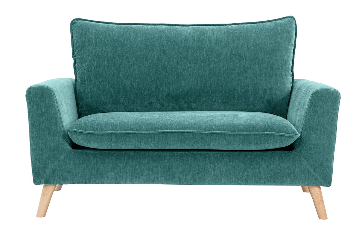 Canap� 2 places bleu canard en tissu effet velours, pieds bois clair, vue de face.