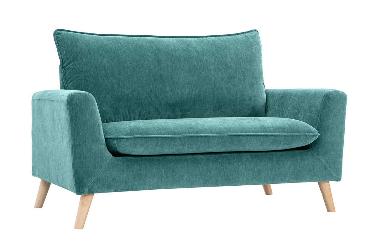 Canap� scandinave 2 places bleu canard et bois clair, vue de 3/4.