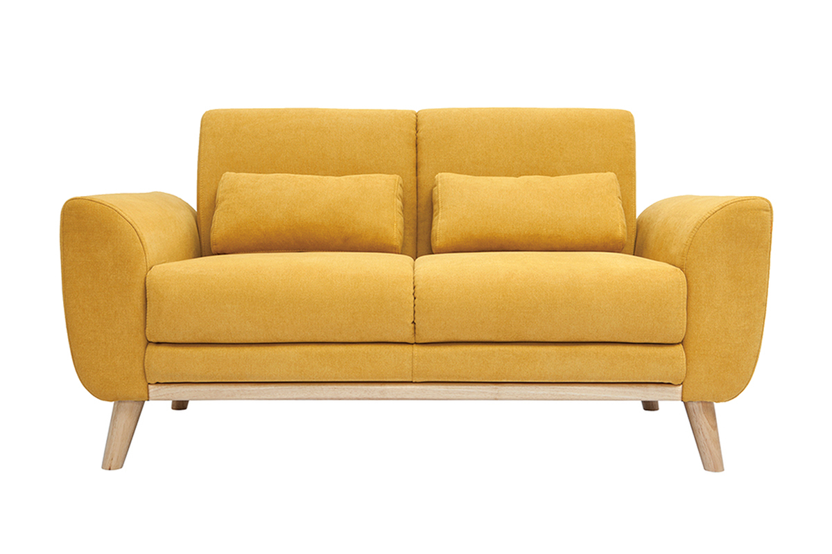 Canap� scandinave 2 places en tissu effet velours jaune moutarde et bois clair EKTOR