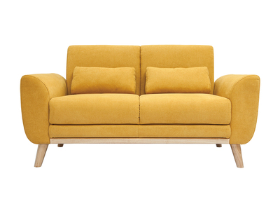 Canap&eacute; scandinave 2 places en tissu effet velours jaune moutarde et bois clair EKTOR