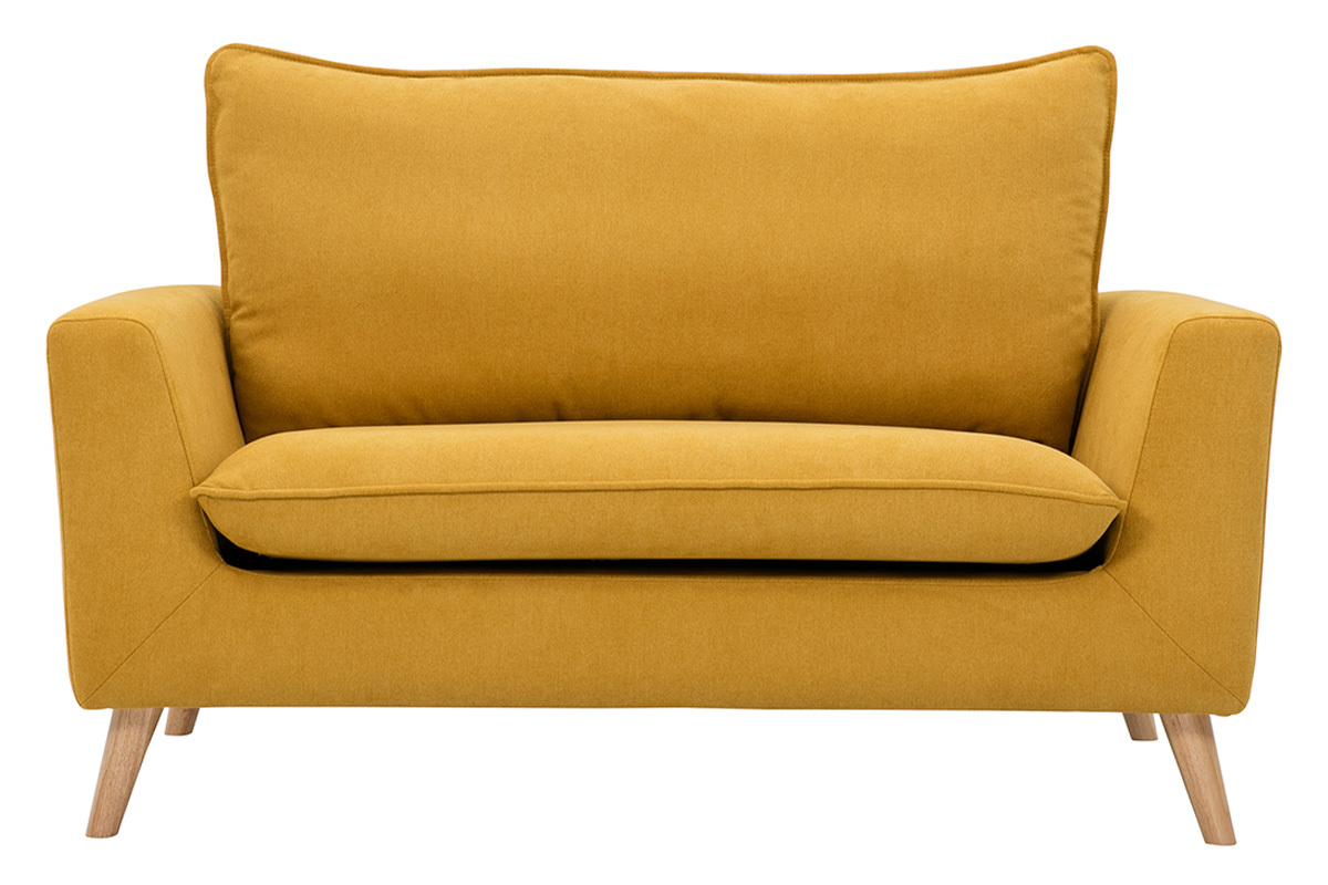 Canap� scandinave 2 places en tissu effet velours jaune moutarde et bois clair JONAS
