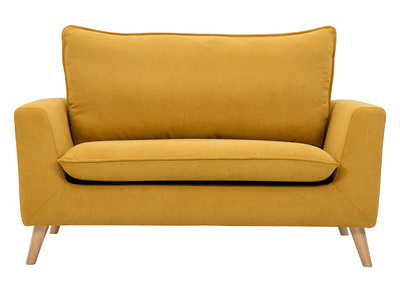 Canap&eacute; scandinave 2 places en tissu effet velours jaune moutarde et bois clair JONAS