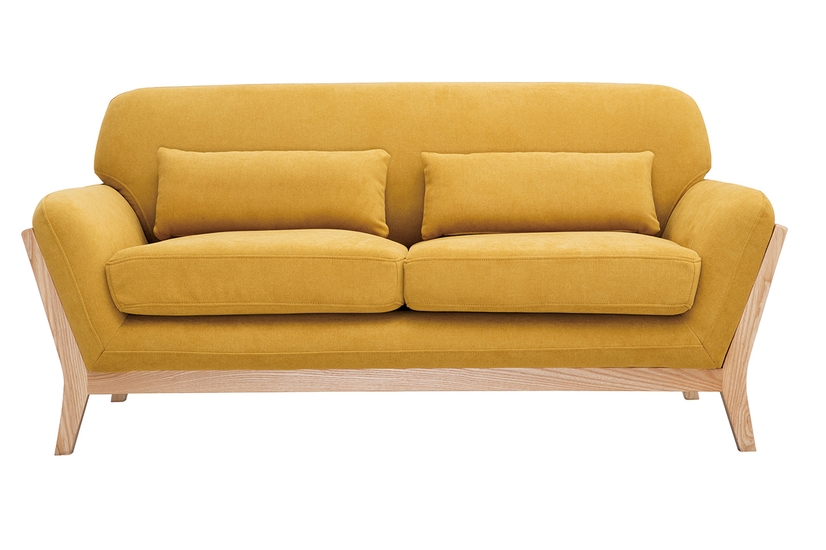 Canap� scandinave 2 places en tissu velours jaune moutarde, vue de face.