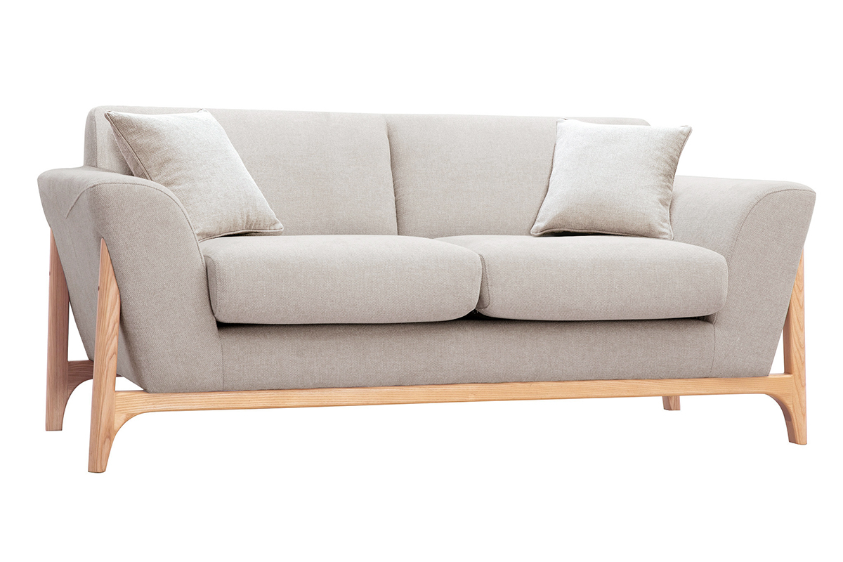 Canap� 2 places beige et bois clair, style scandinave, vue de 3/4.