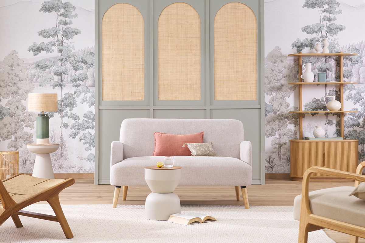 Canap� scandinave 2 places en tissu effet velours textur� beige et bois clair ISKO