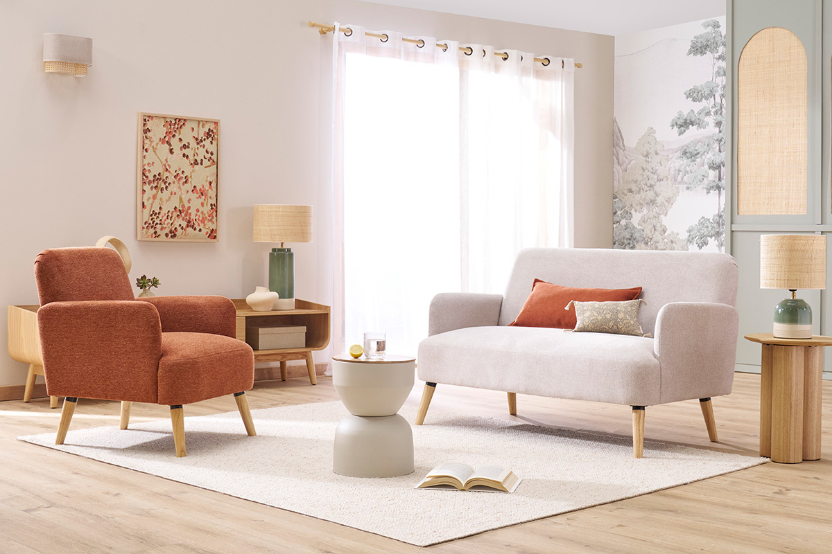 Canap� scandinave 2 places en tissu effet velours textur� beige et bois clair ISKO