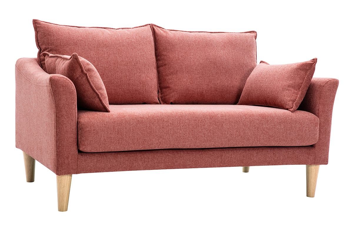 Canap� 2 places terracotta en tissu effet velours avec pieds en bois clair, vue de 3/4.