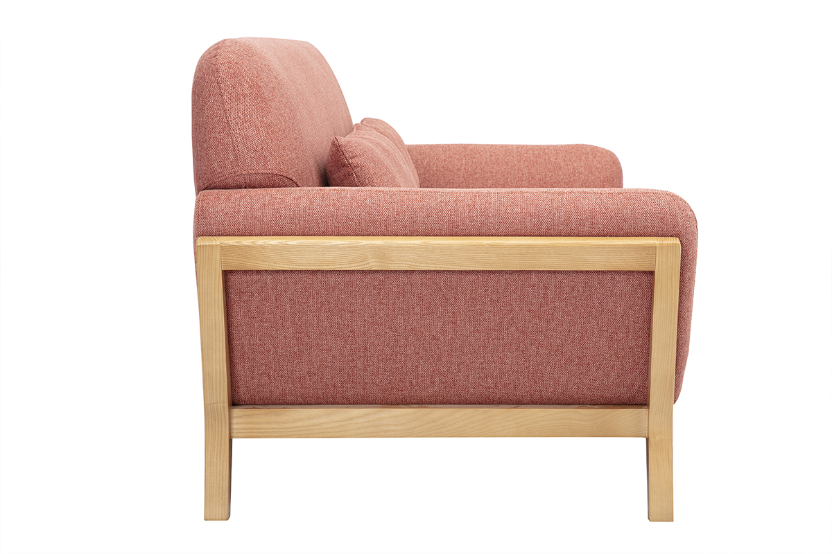 Canap� 2 places terracotta en tissu effet velours et bois clair, vue de c�t�.
