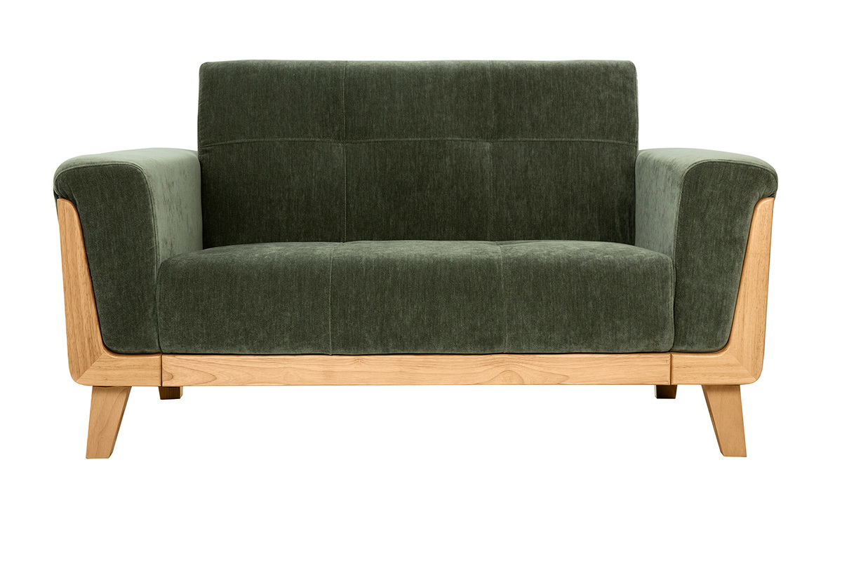 Canap� scandinave 2 places en velours vert kaki avec pieds en bois, vue de face.