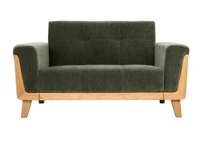 Canap&eacute; scandinave 2 places en tissu effet velours vert kaki et bois clair FJORD